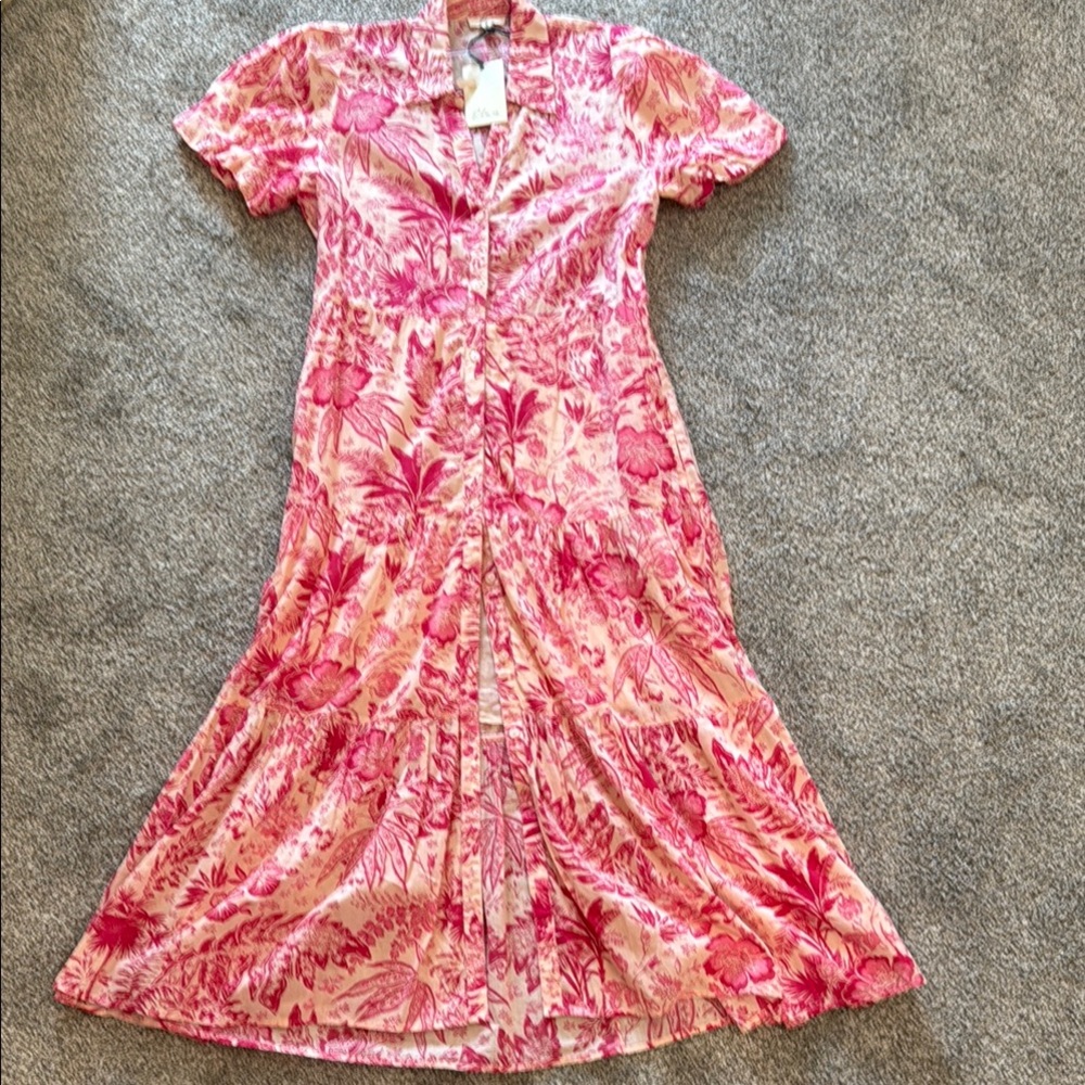 Elan Pink and White Puff Sleeve Midi Sundress